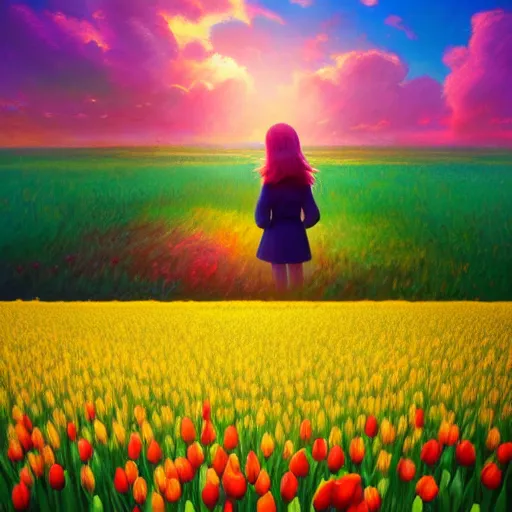 Image similar to tulip head, girl floating in a flower field, surreal photography, sunrise dramatic light, impressionist painting, colorful clouds, digital painting, artstation, simon stalenhag