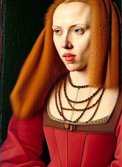 Image similar to portrait of scarlett johansson, oil painting by jan van eyck, northern renaissance art, oil on canvas, wet - on - wet technique, realistic, expressive emotions, intricate textures, illusionistic detail