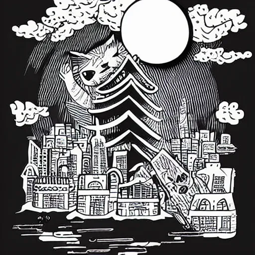 Image similar to mcbess illustration of a giant evil cat attacking tokyo