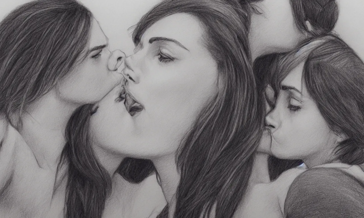 Image similar to emma watson kissing anne hathaway pencil sketch,