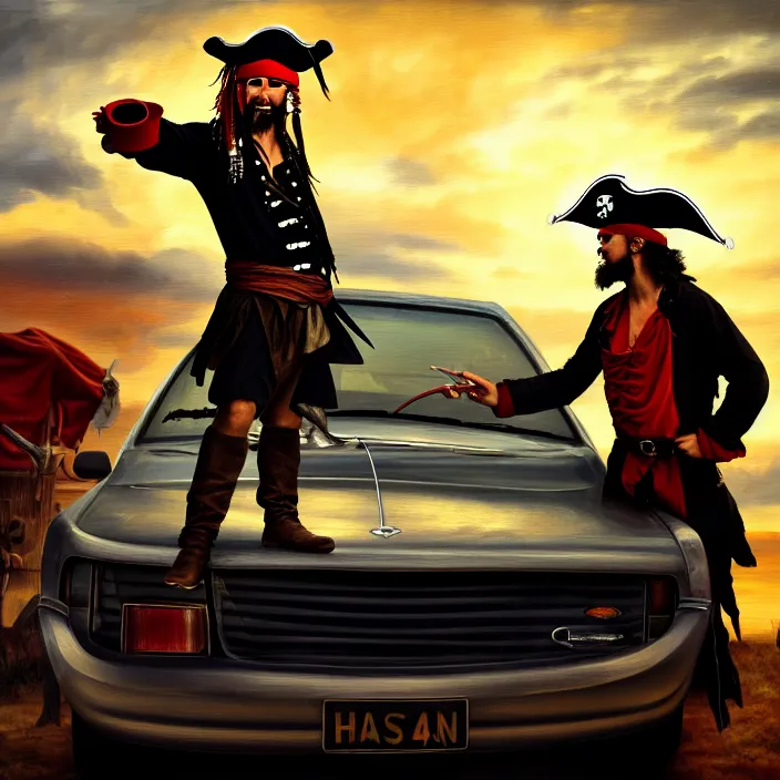 Prompt: a pirate downloading a car, oil on canvas, dramatic lighting, comedy, 8 k