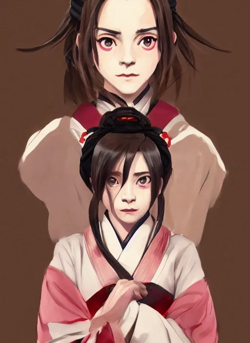 Image similar to emma watson as nezuko from demon slayer anime ねずこ nezuko from demon slayer anime ねずこ nezuko from demon slayer anime ねずこ wearing kimono wrapped mouth by artgem by greg rutkowski trending on artstation