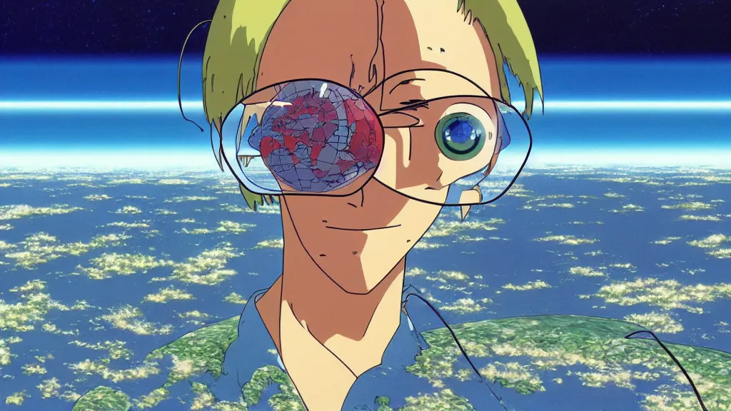 Image similar to scientific diagram of the earth as a human face, anime film still from the an anime directed by katsuhiro otomo with art direction by salvador dali, wide lens