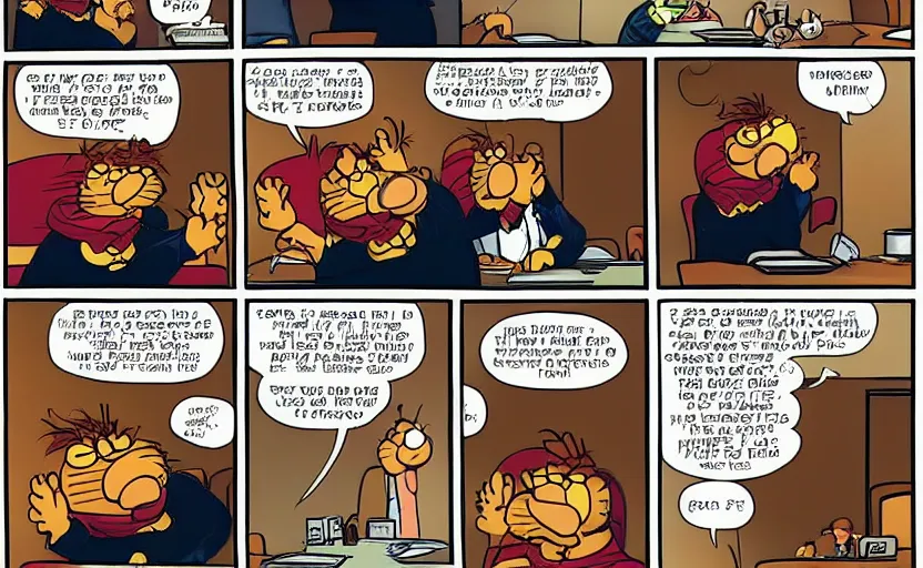 Prompt: a 3 panel Garfield comic. The first panel is Garfield sitting at a table with a speech bubble saying “There’s nothing happening”. The second panel is Jon Arbuckle talking to Garfield at the table with a speech bubble saying “I finally got the wildfire in my sock drawer under control!”. The third panel is Garfield at the table with a speech bubble saying “Out of the ordinary, I mean.”