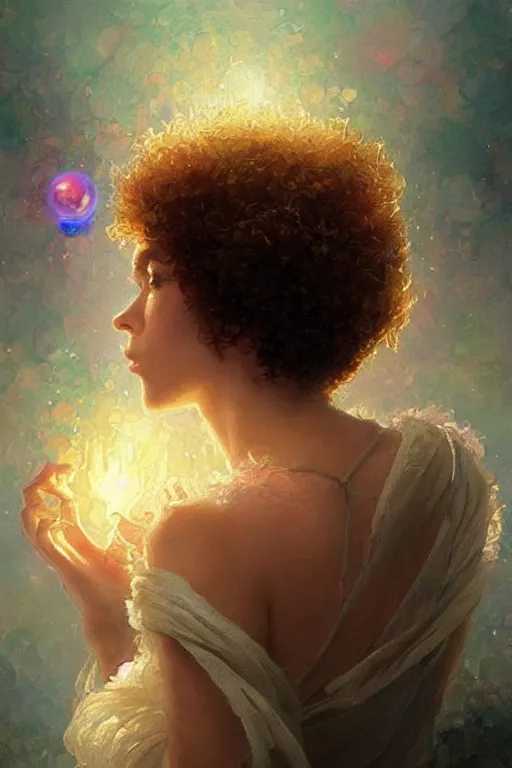 Image similar to bob ross, dreamy and ethereal,, fantasy, intricate, elegant, rainbow bubbles, highly detailed, digital painting, artstation, concept art, smooth, sharp focus, illustration, art by artgerm and greg rutkowski and alphonse mucha