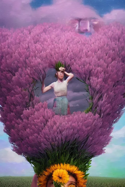 Prompt: closeup, gigantic flowers as head mohawk, woman in heather field, surreal photography, starlight, storm clouds, impressionist painting, digital painting, artstation, simon stalenhag