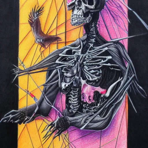 Prompt: a blend of death and life, color pencil drawing, maximalist, black background