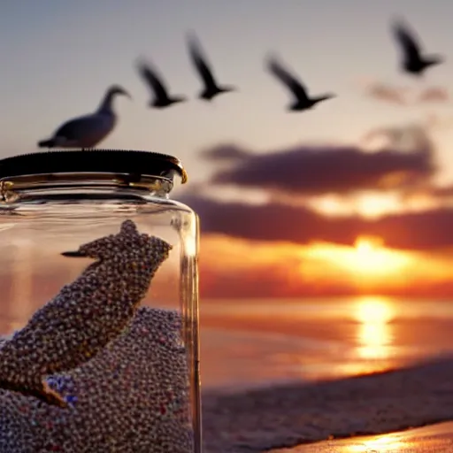 Image similar to a jar of seagulls on the beach at sunset, high resolution, Summer, artistic, award winning, masterpiece