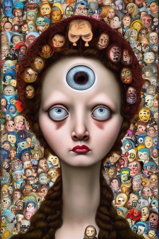 Prompt: a woman with many eyes using her head to catch trash Mark Ryden and Alex Gross, Todd Schorr highly detailed