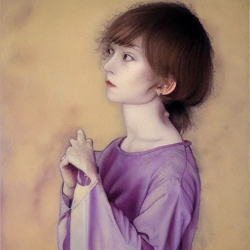 Prompt: little tomboy, purple tunic, soft hair. light color palate, detailed soft painting, ayami kojima, anatomically correct, inspired in balthus