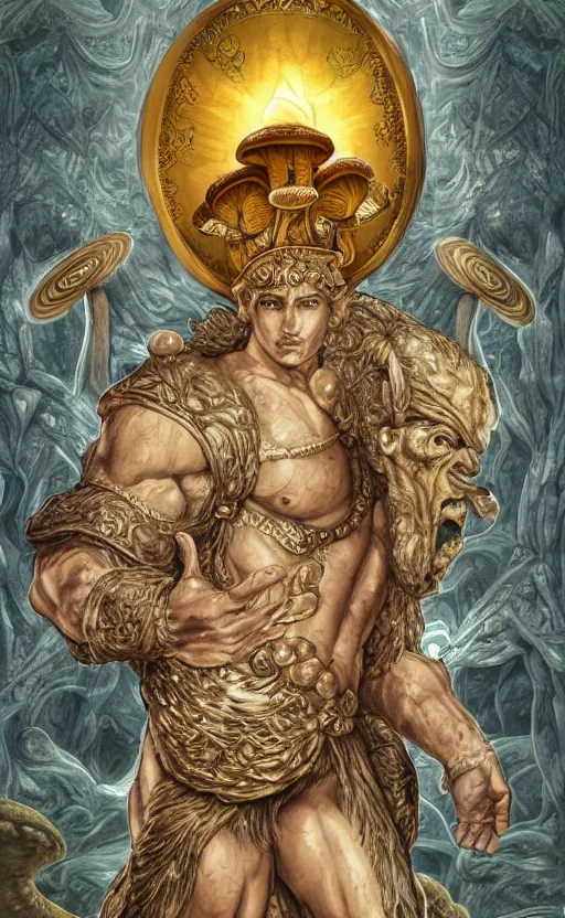Prompt: a masterpiece hyperdetailed dnd tarot card full body portrait, magnificent mushroom deity as depicted in a colossal marble statue ( with godlike bodybuilder physique ) made by ancient greeks, hd tarot card depicting monumental statue of a dignified mushroom god with cute large mushroom hat, golden norse runes in the background, hdr, 8 k, artstationhq, digital art
