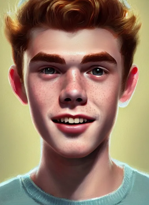 Image similar to portrait of teenage archie andrews, freckles, curly middle part haircut, curly hair, smiling kindly, friendly, 1 9 5 0 s, intricate, elegant, glowing lights, highly detailed, digital painting, artstation, concept art, smooth, sharp focus, illustration, art by wlop, mars ravelo and greg rutkowski