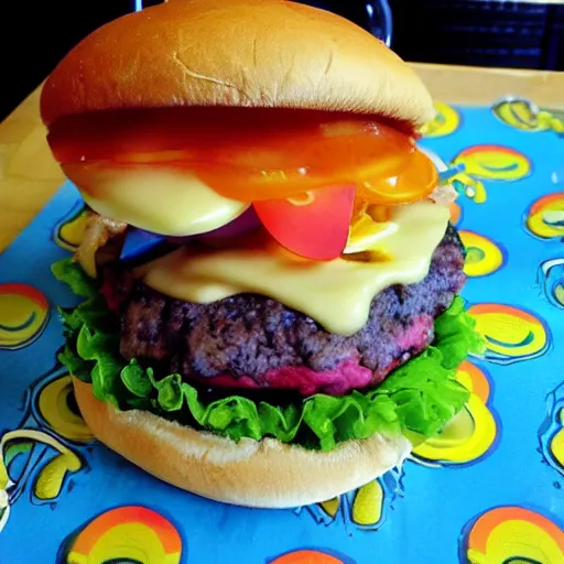 Image similar to a lisa frank style cheeseburger