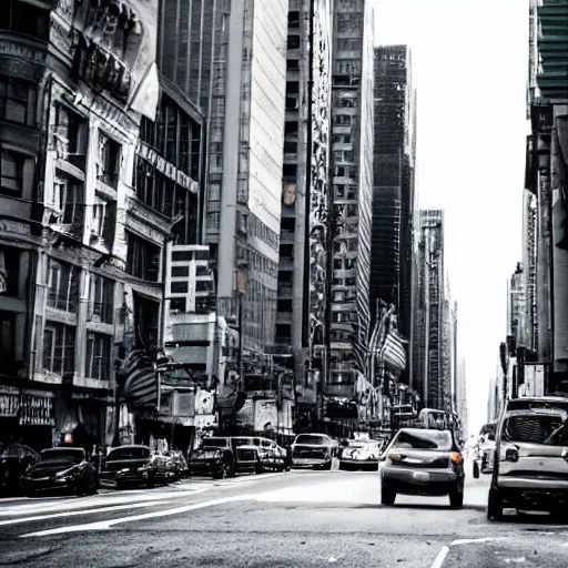 Image similar to a view of apocalyptic new york street from perspective of car window