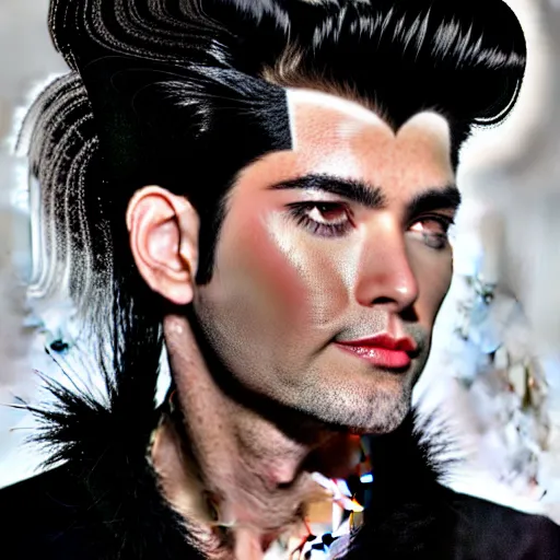 Image similar to black pompadour hair with white streaks, fluffy black hair with graying temples, jet black hair with silver shocks