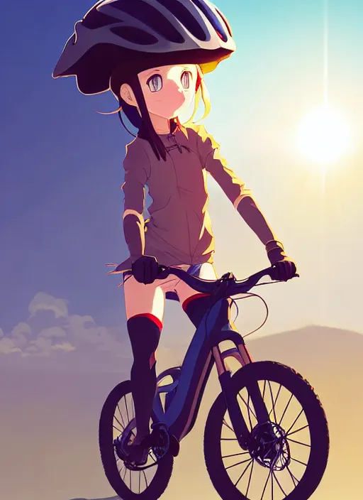 Prompt: portrait of cute girl riding electric mountain bike, sunny sky background, downhill landscape, illustration concept art anime key visual trending pixiv fanbox by wlop and greg rutkowski and makoto shinkai and studio ghibli and kyoto animation, symmetrical facial features, sports clothing, mountain bike helmet, backlit, symmetrical bike features