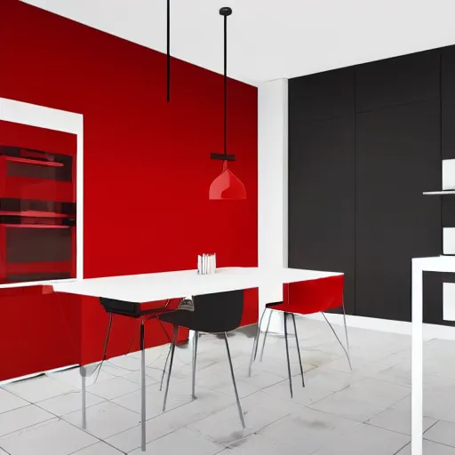 Image similar to photo of black kitchen fronts and furniture, red walls, white floor tiles, architecture, concept art