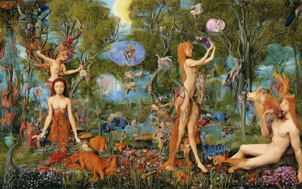 Prompt: photograph of a meditating centaur shaman and a mermaid feeding animals. surrounded by bulbous flowers, animals and a few trees. river delta with dry rocky mountains under a blue sky full of burning stars. painted by jan van eyck, max ernst, ernst haeckel, ernst fuchs and artgerm. trending on artstation, treding on cgsociety