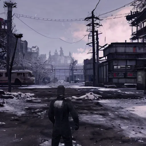 Image similar to Sapporo in the winter in ruins post-nuclear war in Fallout 4, in game screenshot