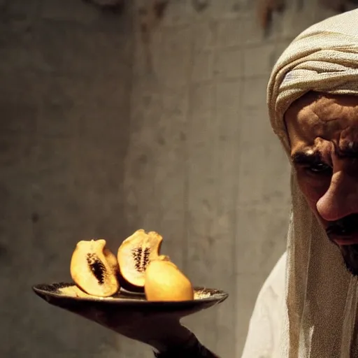 Image similar to cinematic still of angered middle eastern skinned man in ancient Canaanite clothing looking up while holding a plate of rotting fruit, mad, frustrated, jealous, Biblical epic by Christopher Nolan