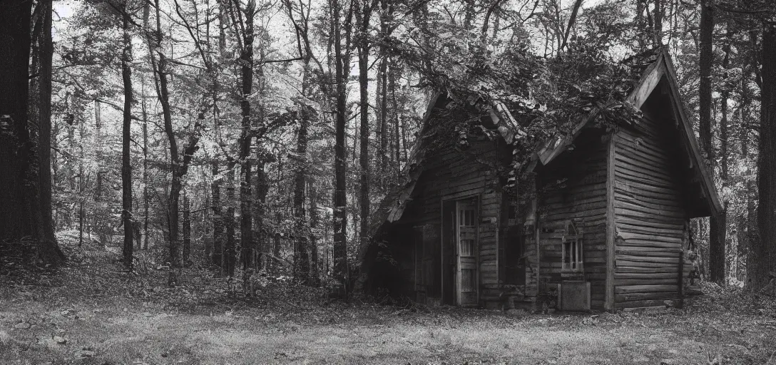 Prompt: house in the wood, wolf in opened door, monochrome, pinhole analogue photo quality, blur, unfocus, cinematic, 35mm