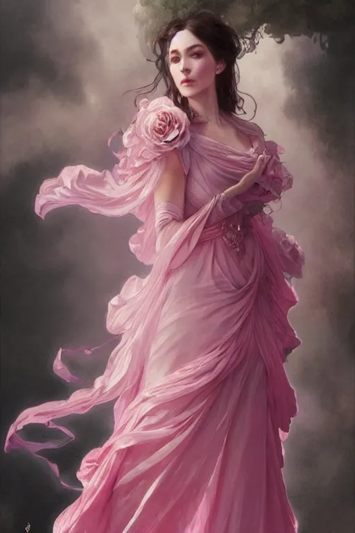 Image similar to woman dressed in a vaporous wrapped large victorian pink roses silk semi-transparent dress fashion is running D&D, fantasy, intricate, elegant, highly detailed, digital painting, artstation, concept art, matte, sharp focus, illustration, art by Artgerm and Greg Rutkowski and Alphonse Mucha