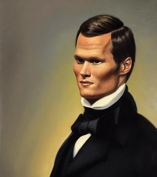 Prompt: official side portrait of united states president tom brady!, gay, in a black suit, 1 8 6 8, a character portrait by cassius marcellus coolidge, reddit contest winner, american romanticism, oil on canvas, detailed painting, creative commons attribution