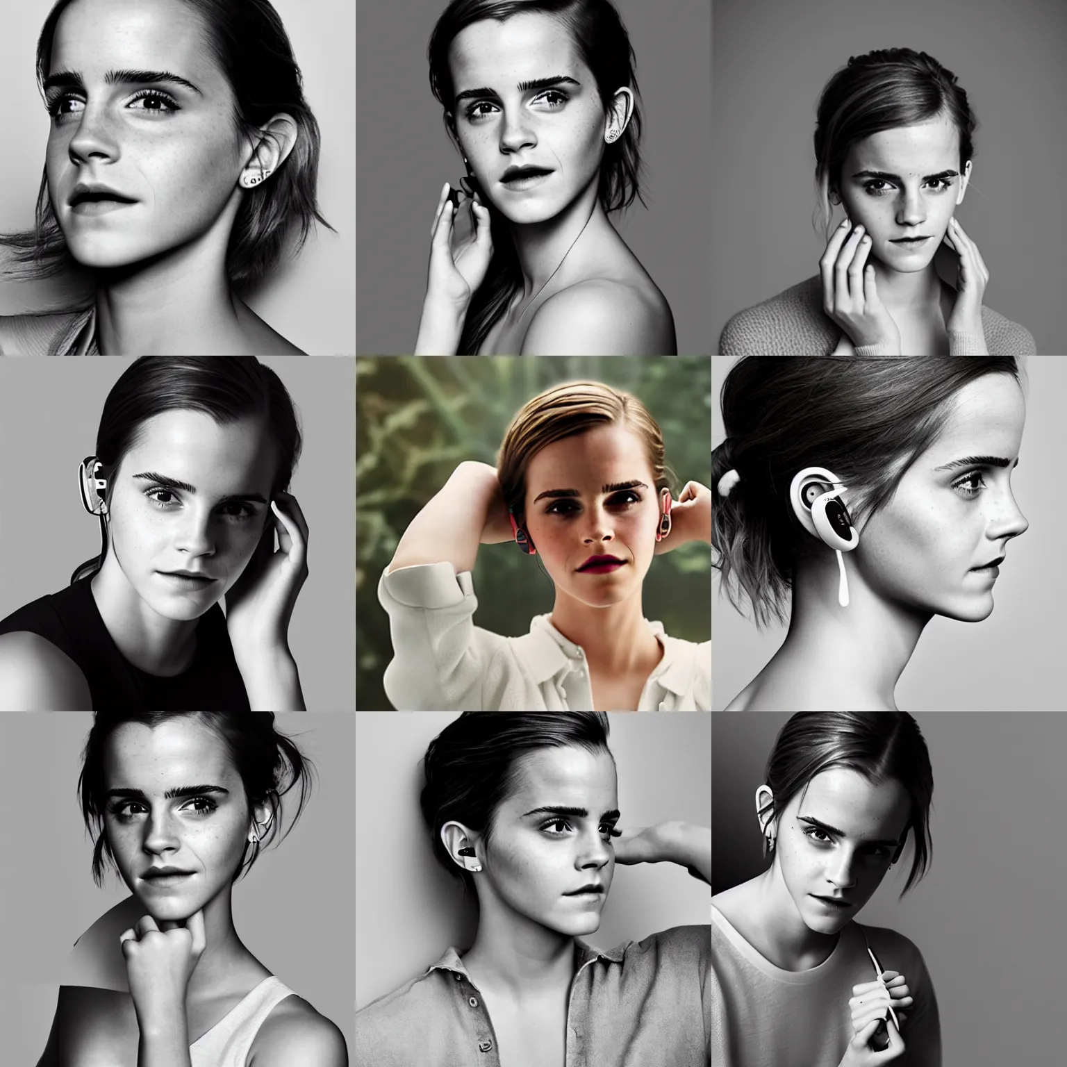 Prompt: Photo of Emma Watson wearing Apple Airpods, soft studio lighting, photo taken by Martin Schoeller for Abercrombie and Fitch, award-winning photograph, 24mm f/1.4