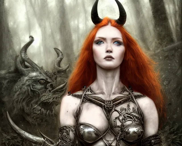 Image similar to 5 5 mm portrait photo of an armored gorgeous anesthetic redhead woman warrior with a face tattoo and horns growing from her head and a gargoyle sitting on her shoulder, in a magical forest in the style of luis royo. art by greg rutkowski. highly detailed 8 k. intricate. lifelike. soft light. nikon d 8 5 0.