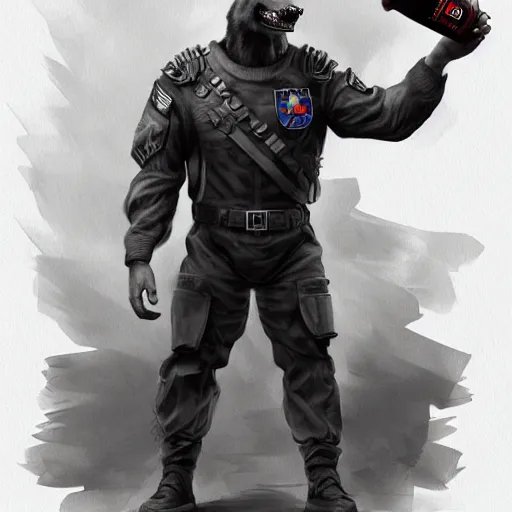 Image similar to a humanoid german shepherd beast - man in military style, holding a bottle of beer, artstation, concept art, smooth, sharp foccus ilustration, artstation