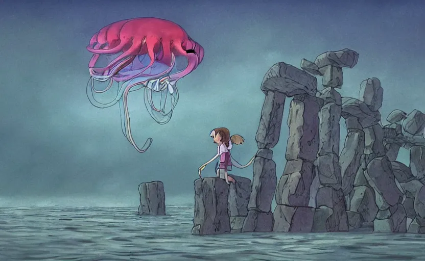 Image similar to a realistic cell - shaded studio ghibli concept art from paprika ( 2 0 0 6 ) of a flying multi - colored octopus from close encounters of the third kind ( 1 9 7 7 ) and a grey long - haired witch in a flooded stonehenge on a misty starry night. very dull colors, wide shot, hd, 4 k, hq