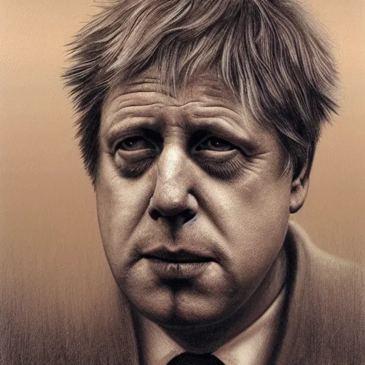 Image similar to Boris Johnson in the style of Beksinski