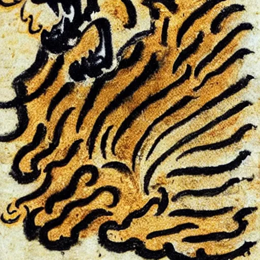 Image similar to bad drawn tiger made of smoke, lava and fire flying in the sky with many legs in a medieval manuscript, medieval manuscript, golden miniatures