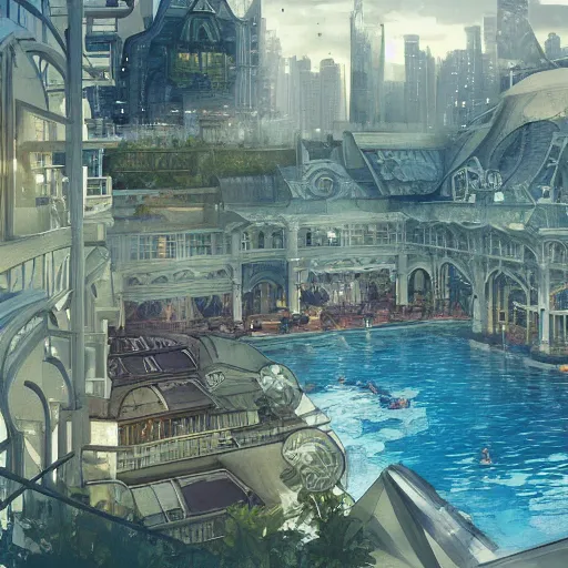 Image similar to city seen from far away in swimming pool, highly detailed, digital painting, artstation concept art, smooth, sharp focus, artgerm, alphonse mucha,