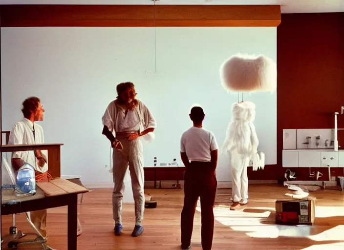 Image similar to realistic photo of a three birdmen wearing white shorts, watching at a levitating fluffy furry cloud, in a living room sci - fi laboratory with many wooden gadgets made of wood interior is made of wood 1 9 9 0, life magazine reportage photo, natural colors