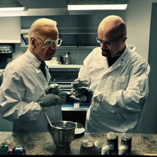 Image similar to “Very photorealistic screenshot of Joe Biden and Walter White cooking drugs in an episode of Breaking Bad, atmospheric lighting, award-winning”