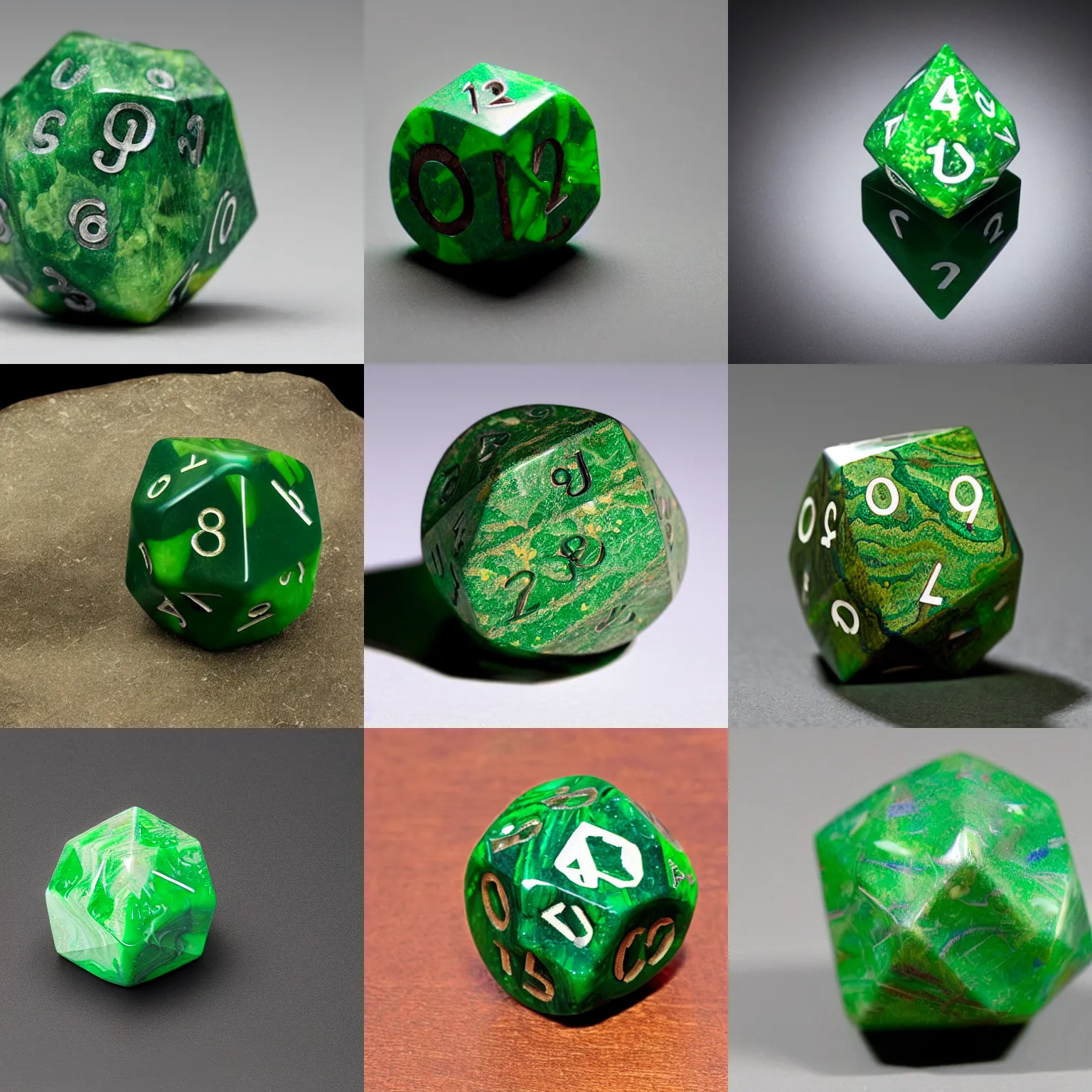Prompt: a twelve-and-a-half-sided die, made of green marbled stone