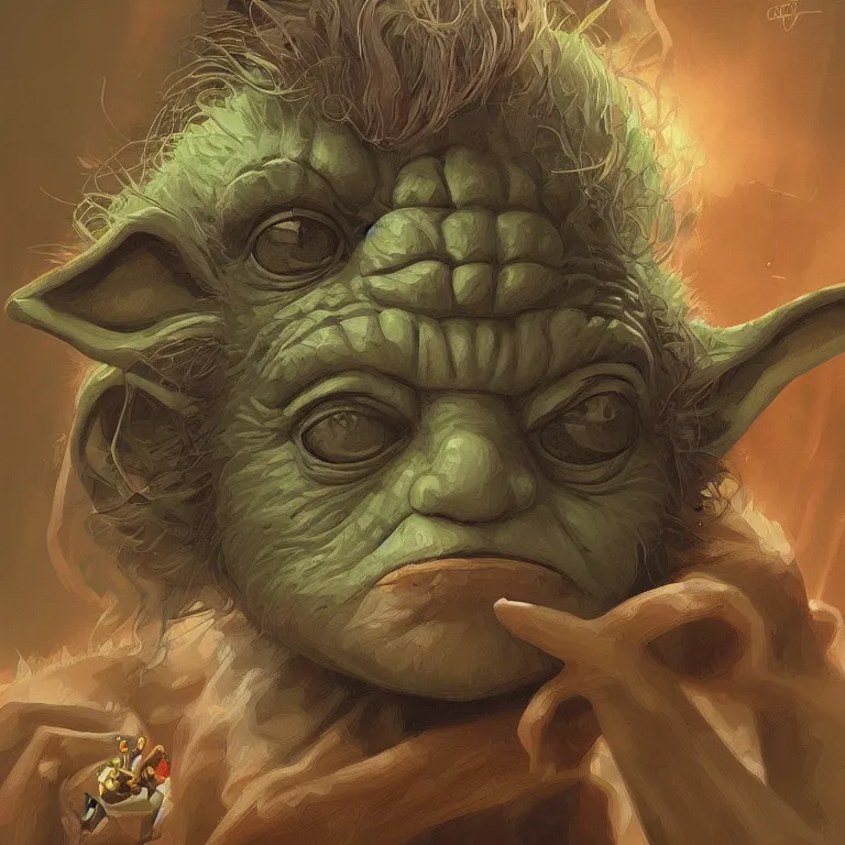 Image similar to fine art painting of Yoda on a bad drug trip, drugs and alcohol littered everywhere, dizzy, trippy, artstation, cgsociety, very detailed, intricate, detailed illustration, by artgerm and greg rutkowski and alphonse mucha, sharp, smooth, masterpiece
