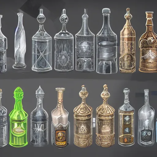 Prompt: concept art; video game potions; intricate elegant bottles; trending on artstation; rpg; octane