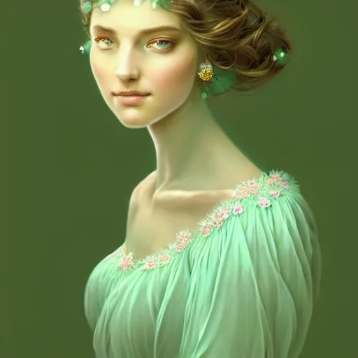 Image similar to Portrait of dreamy and ethereal women with light green eyes wearing mint green ornate frilly dress, peaceful expression, fantasy, intricate, elegant, beautiful, digital art, beautiful dynamic lighting, golden ratio, highly detailed, digital painting, trending on artstation, concept art, smooth, sharp focus, illustration, photo realistic, art by artgerm and greg rutkowski and alphonse mucha 8K