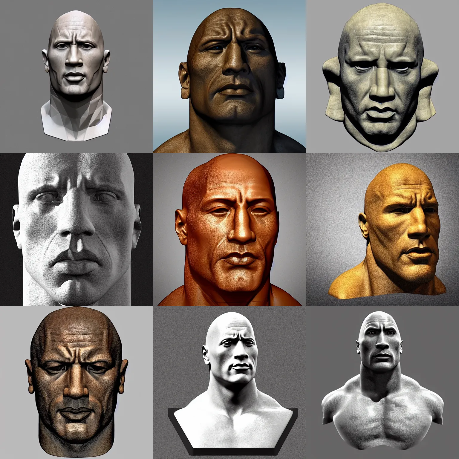Prompt: “An Ancient Greek bust of Dwayne the Rock Johnson, 3D polygon model”