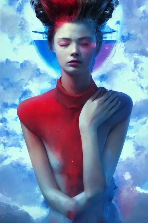 Prompt: 3 d, sci - fi, morning, closed eyes fashion model face, sun, cinematic, lightning clouds, vogue cover style, stanley kubrick, light red and deep blue mood, realistic painting, intricate oil painting, high detail, figurative art, multiple exposure, poster art, 3 d, by tooth wu and wlop and beeple and greg rutkowski