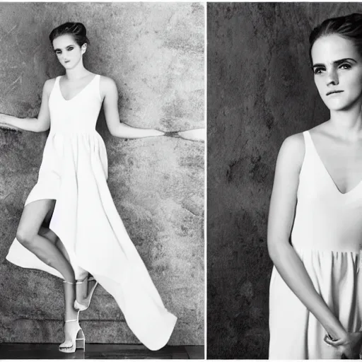 Image similar to an extremely beautiful studio photo of emma watson wearing open toe high heels and wearing a white dress, pale skin, rule of thirds, very very very beautiful!, hard focus, full body shot, studio photo, 9 0 mm, f / 1. 4