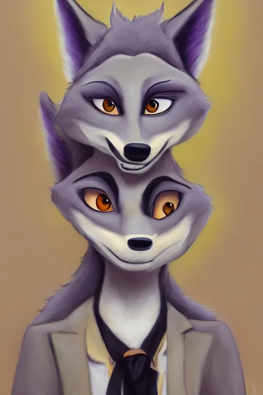 Image similar to oil painting of anthromorphic female wolf, in style of zootopia, female fursona, furry, furaffinity, 4 k, deviantart, furry art, fursona art, wearing black business suit, business suit, wolf fursona, female, very expressive detailed feminine face,