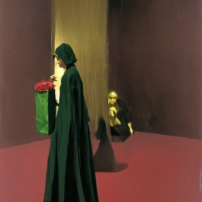 Image similar to woman in black robed, back to us, arms to the sides, dressed in red paper bags, holding stack of green paper bags, highly detailed, artstation, art by John Berkey, edward hopper, zdislav beksinski, wayne barlowe, edward hopper