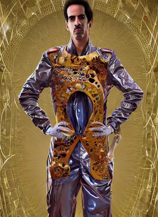 Image similar to ali g posing trumphantly in a futuristic jumpsuit, sacha baron cohen, the expanse, sci fi, futuristic, detailed illustration, digital art, trending on artstation, soft ambient lighting, volumetric lighting, rim lighting, yoshitaka amano, alphonse mucha, arney freytag, maxfield parrish, new art nouveau