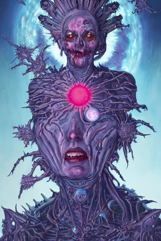 Image similar to beautiful painting of the zombie queen in Space covered in sigils and with an arcane halo by wayne barlowe trending on artstation detailed painting Unreal Engine