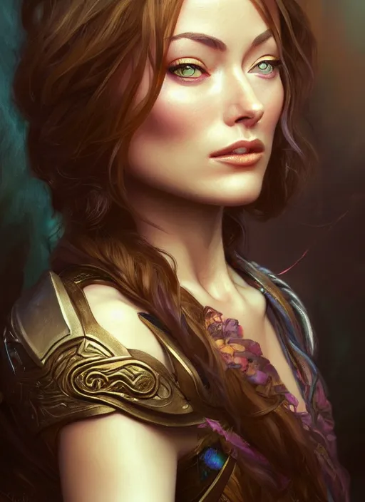 Image similar to photography of a young olivia wilde, deep focus, d & d, fantasy, intricate, elegant, highly detailed, digital painting, artstation, concept art, matte, sharp focus, illustration, hearthstone, magic the gathering, art by artgerm and greg rutkowski and alphonse mucha