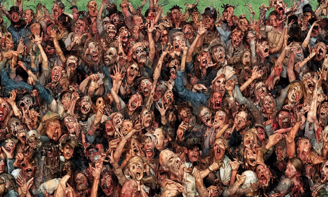 Image similar to a detailed digital art portait of undead backwoods rednecks in a mosh pit, art by norman rockwell, pixar style