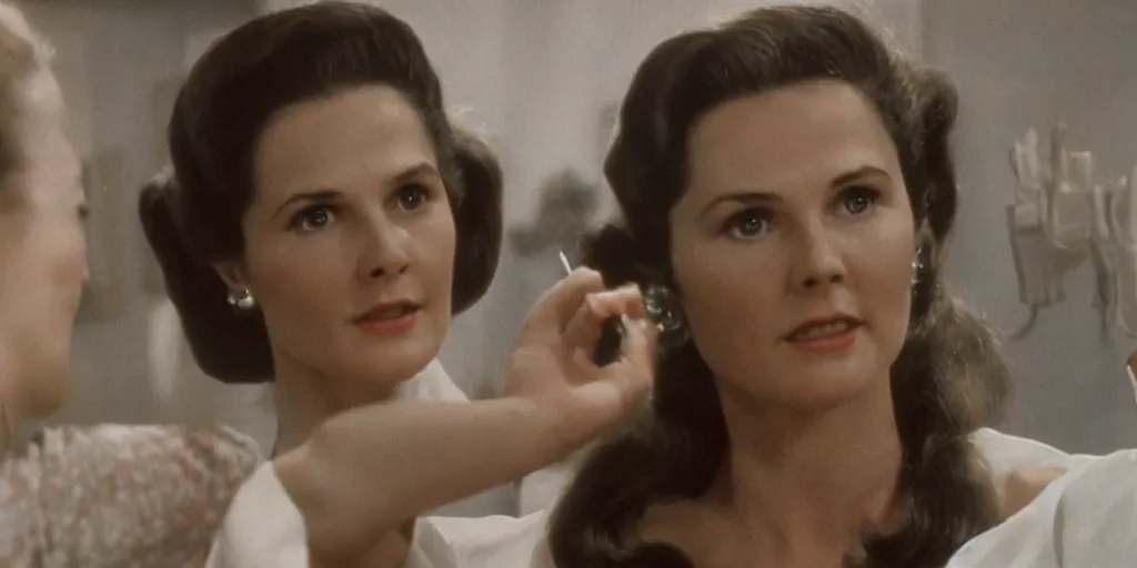 Prompt: ultra wide angle photo of young linda carter dressed in a white blouse and black dress pants as diana prince looking at herself in a bathroom mirror and seeing her reflection as wonder woman